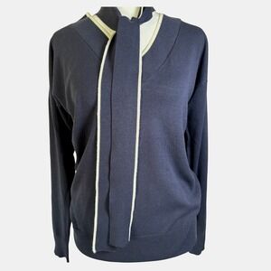Ann Taylor Navy Size S Blue V-Neck Sweater with‎ Cream Trim and Detachable Bow